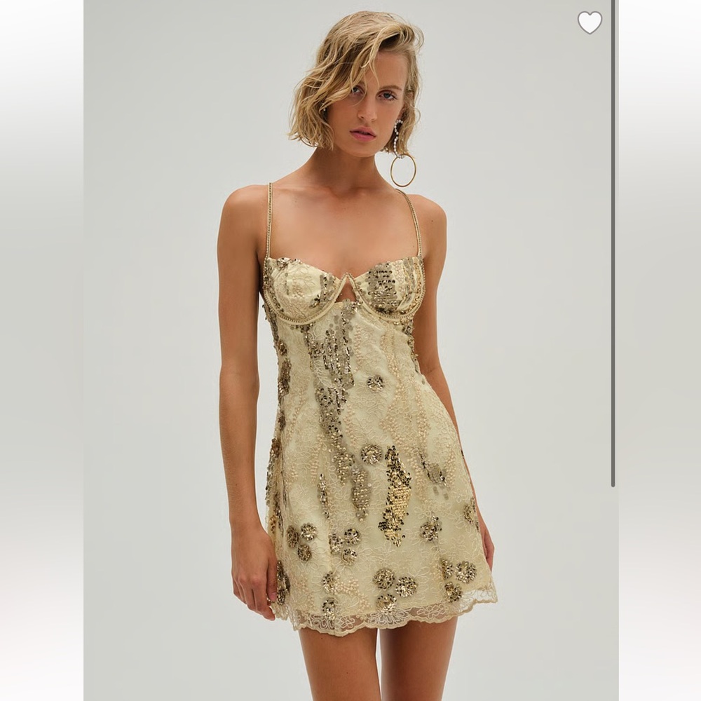 NWT For Love & Lemons Gold Sequin “Opal” Mini Rhinestone Dress Sz Medium M